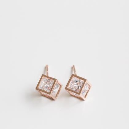 Crystal Square Earrings ( Rose Gold )
