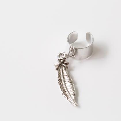 Silver Long Feather Earcuff Earring