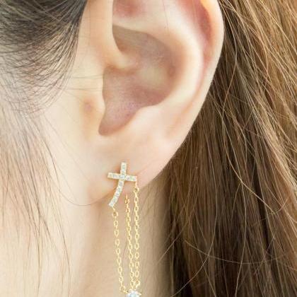 Cz Long Cross Chain Earrings