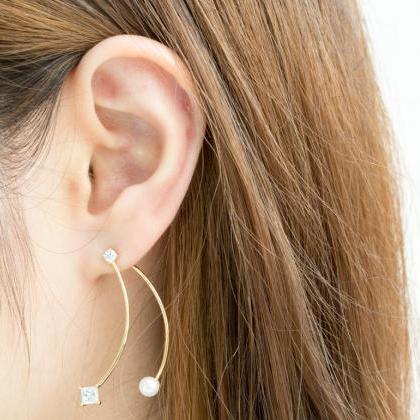 Long Round Pearl Square Cz Earrings