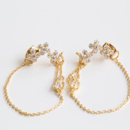 3 Cz Flower Chain Earrings